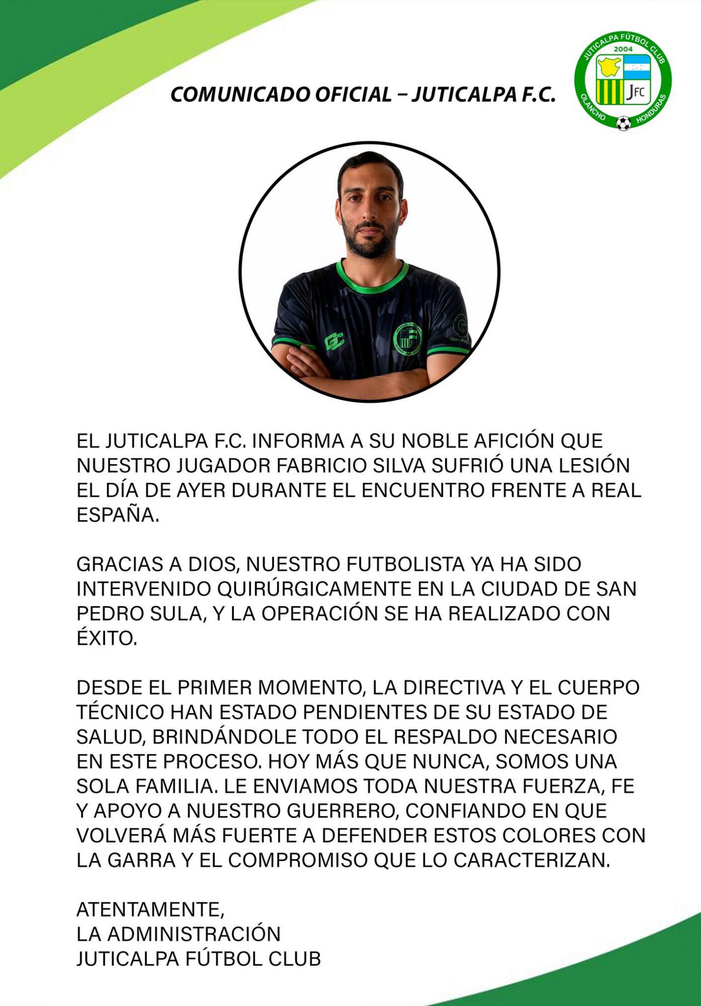 Juticalpa hace oficial la gravedad de la lesión sufrida por Fabricio Silva y el tiempo que estará fuera de la canchas