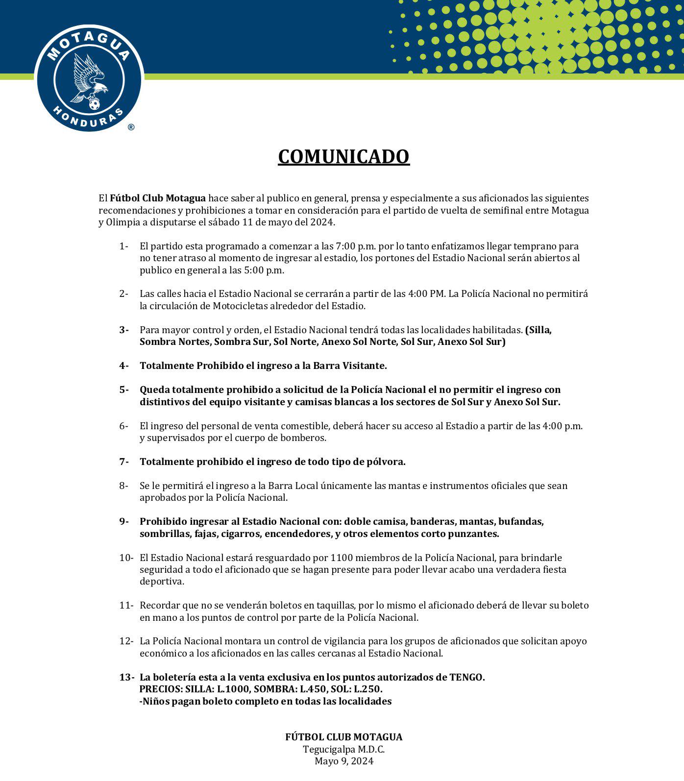 Motagua anuncia las prohibiciones para la semifinal de vuelta ante Olimpia ¿No ingresarán con camisa blanca?