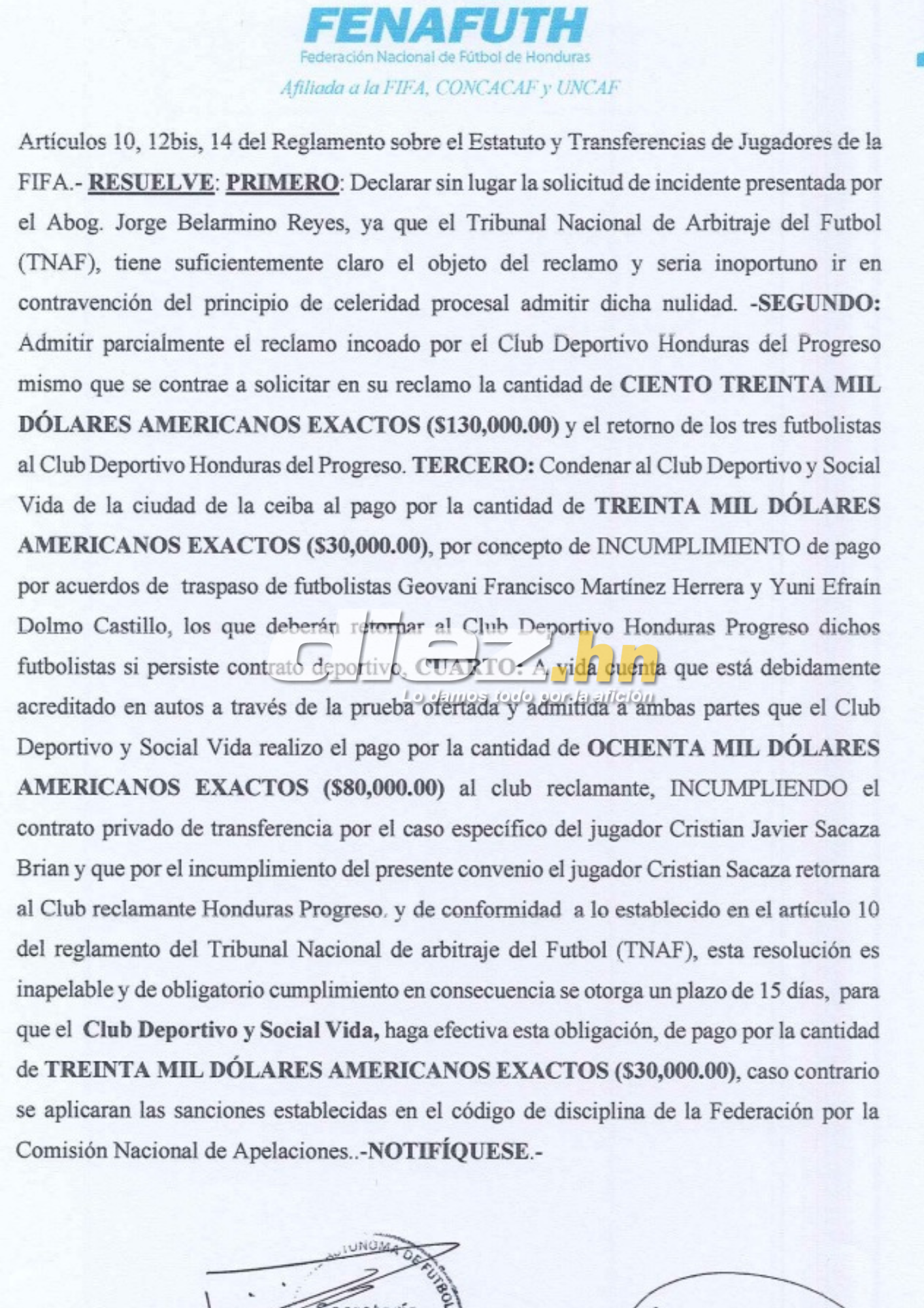 El documento que confirma el fallo a favor del Honduras Progreso en contra del Vida. Los “Cocoteros” deberán pagan 30 mil dólares.