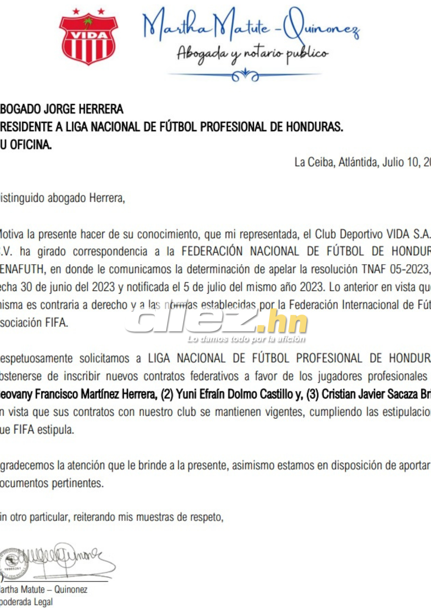 Vida pide la no inscripción de Sacaza, Dolmo y “Virus” Martínez, y apelará demanda a favor del Honduras Progreso