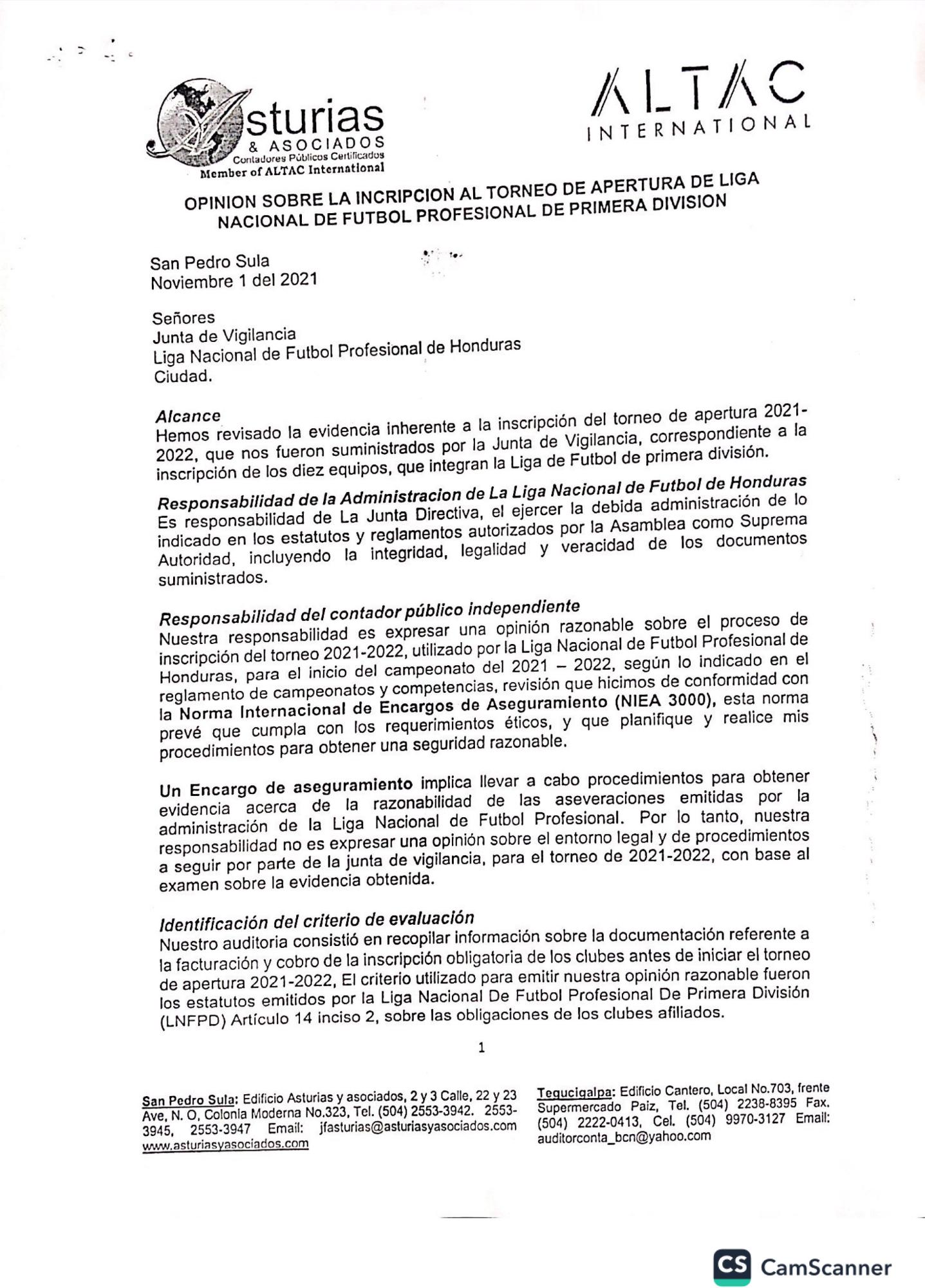 El informe de auditoría de la compañía Asturia y Asociados.