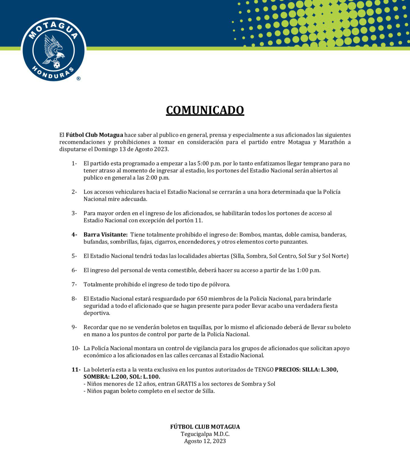Este es el comunicado que lanzó el Motagua dirigido a sus aficionados.