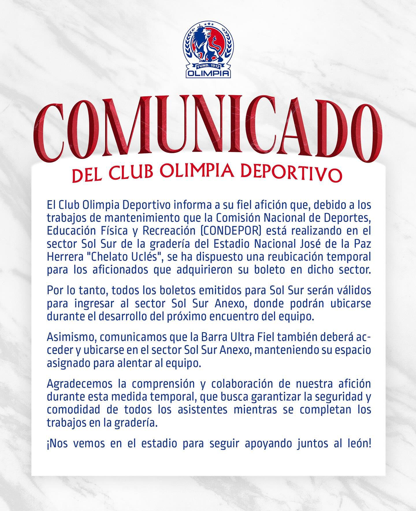 El comunicado de Olimpia previo al duelo ante Lobos UPNFM.