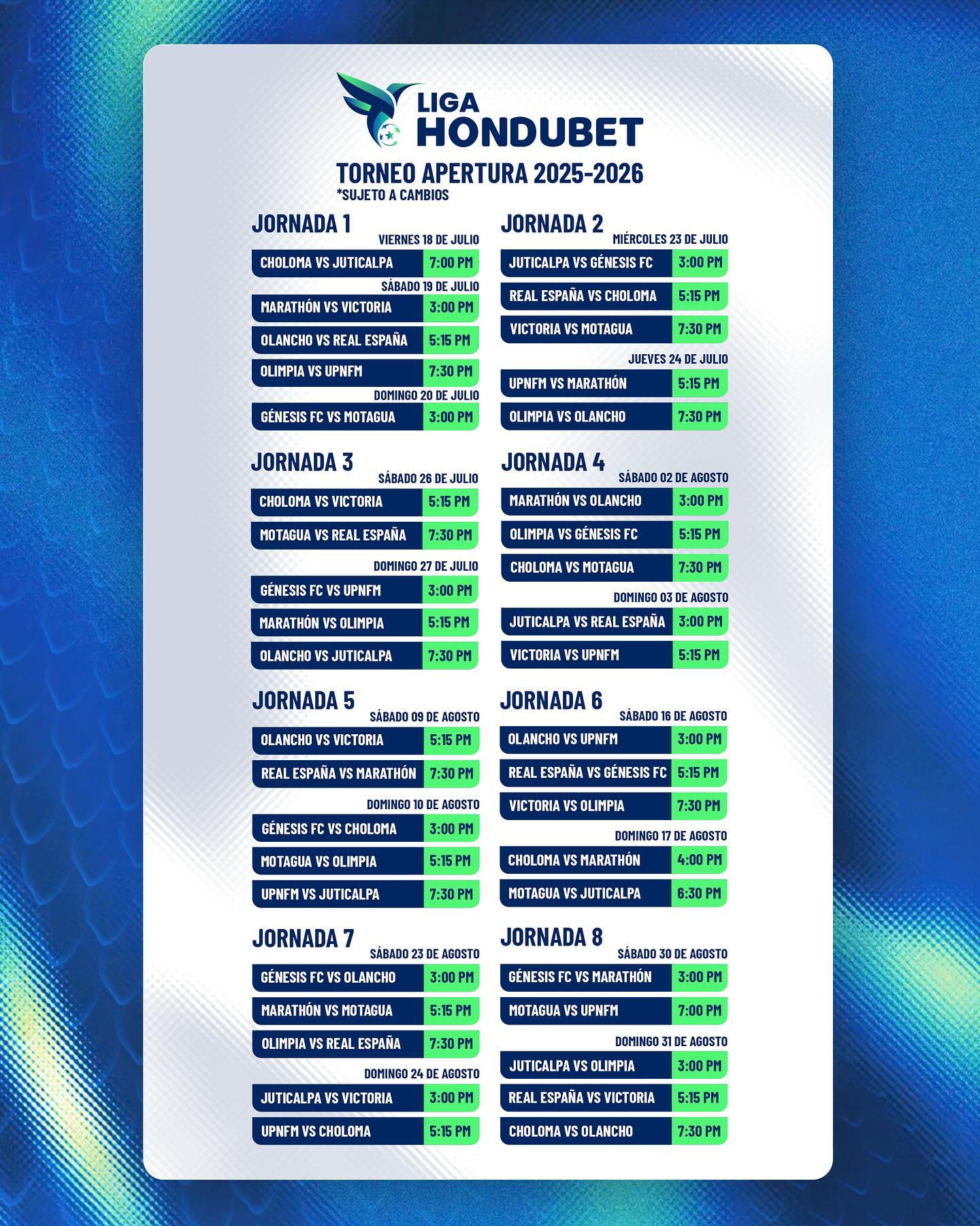 Confirmadas las fechas y horarios de la primera vuelta del torneo Apertura 2025 de la Liga Nacional de Honduras.