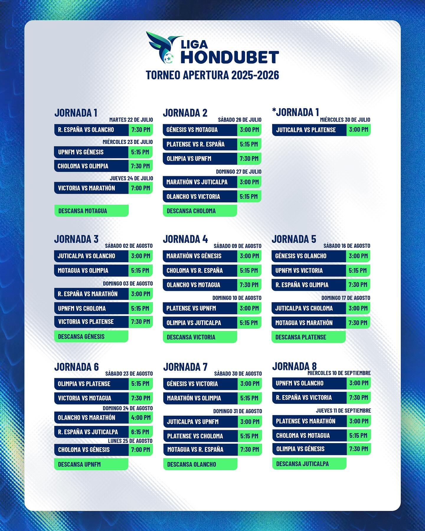 Calendario oficial de las primeras ocho jornadas del torneo Apertura 2025.