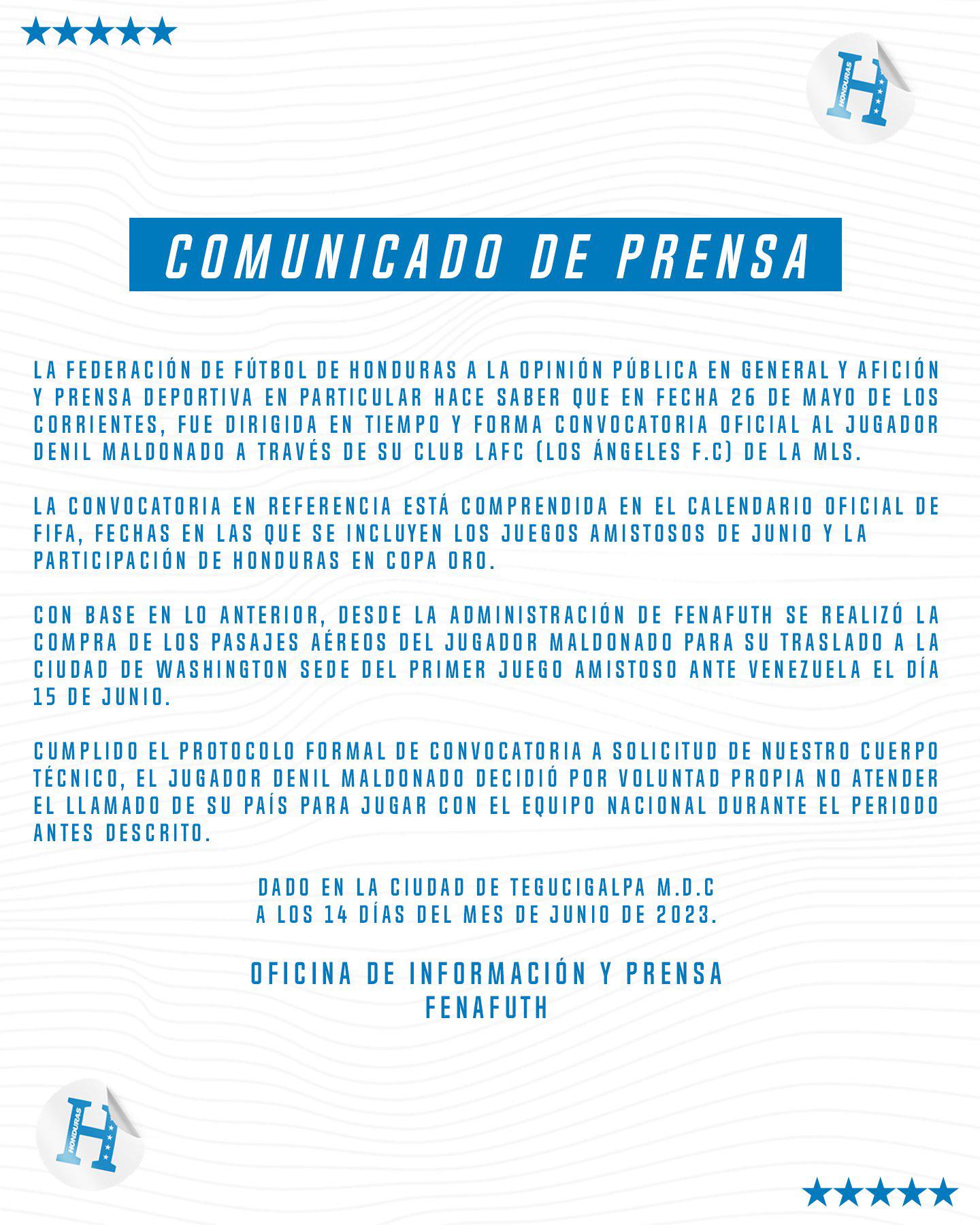 Este es el comunicado que lanzó Fenafuth sobre Denil Maldonado.