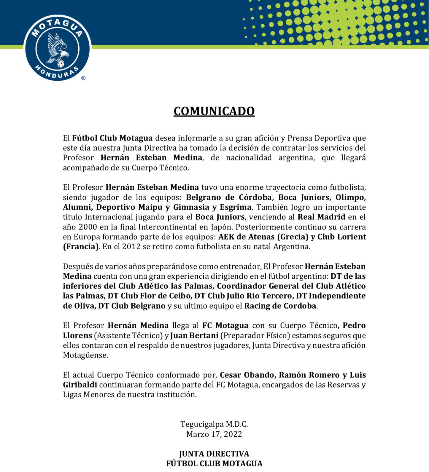 Oficial: El argentino Hernán “La Tota” Medina es el nuevo entrenador de Motagua