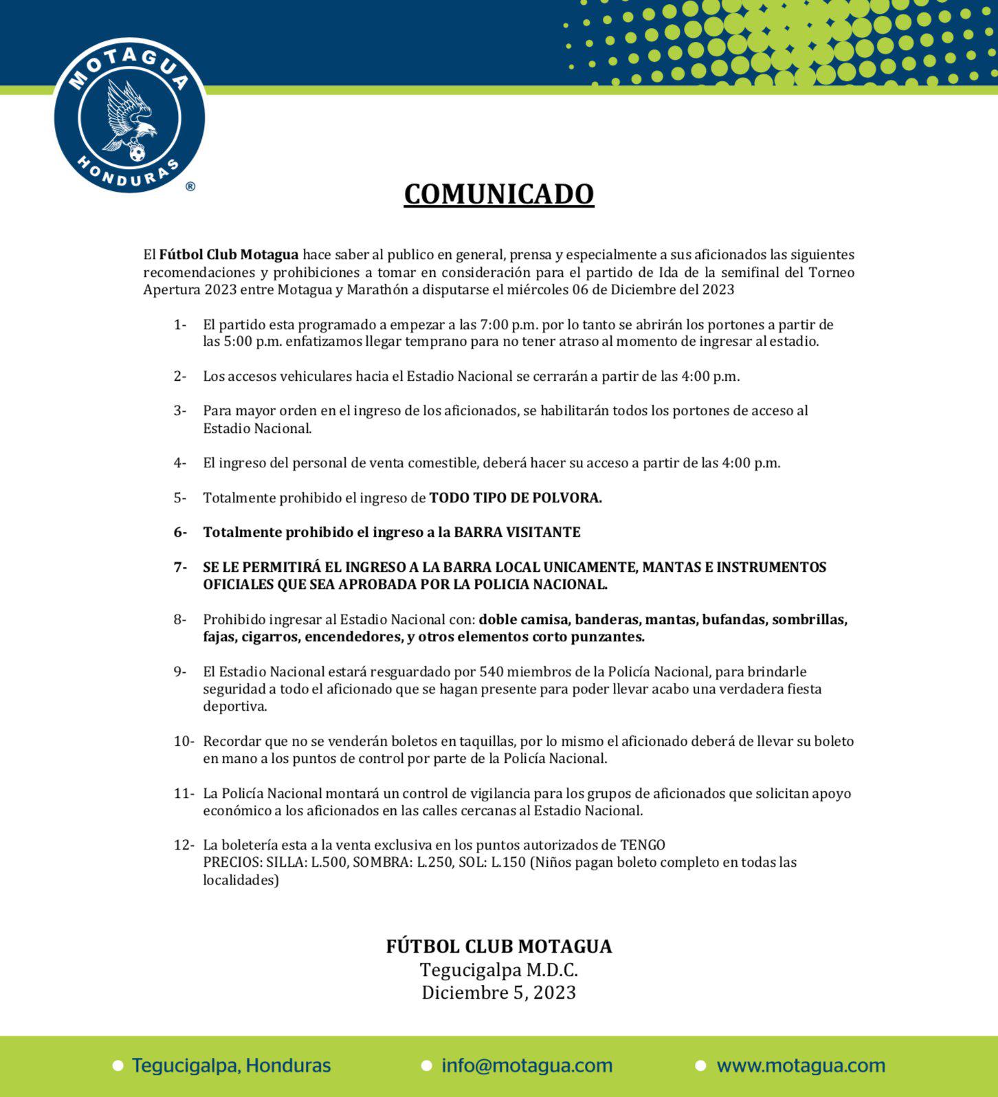 Comunicado: Motagua anuncia las recomendaciones y prohibiciones para la semifinal ante Marathón en el estadio Nacional
