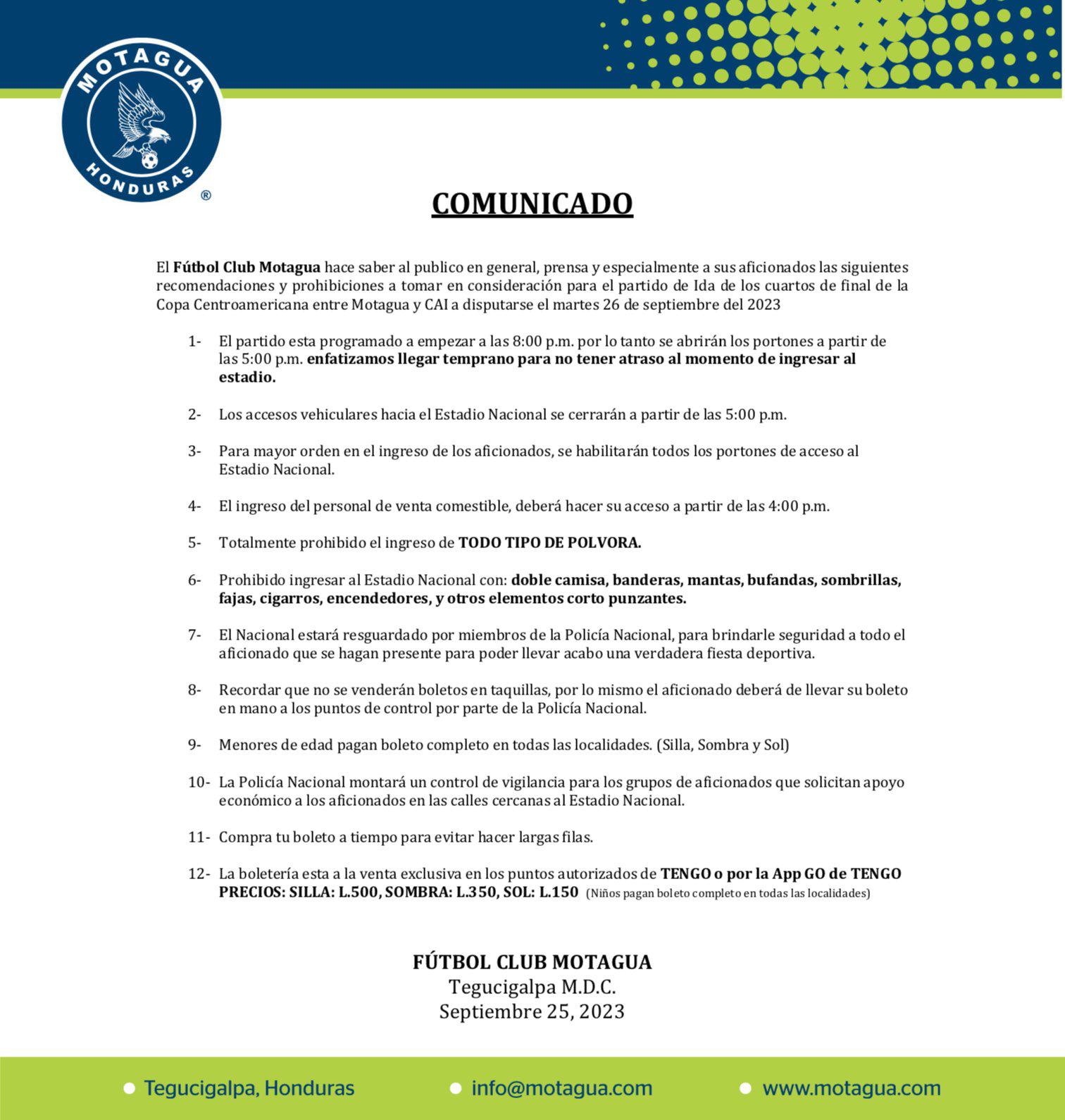 Motagua hace oficial las prohibiciones para el partido ante el Independiente de Panamá por la Copa Centroamericana