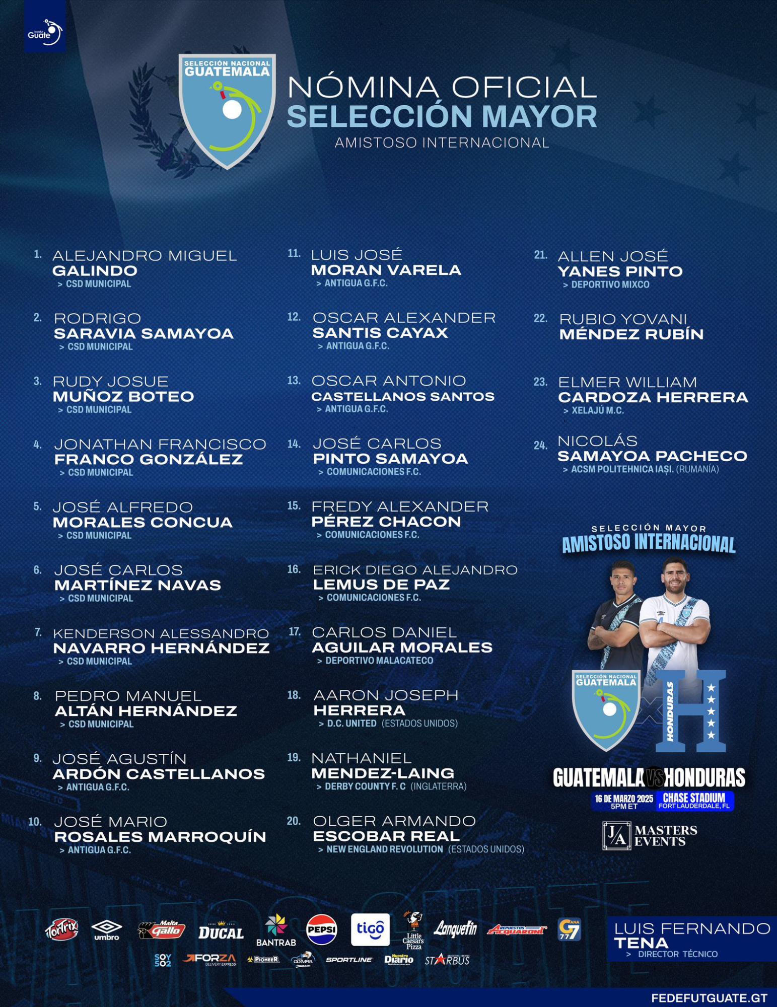 La convocatoria de la Selección de Guatemala para enfrentar a Honduras en el Chase Stadium.