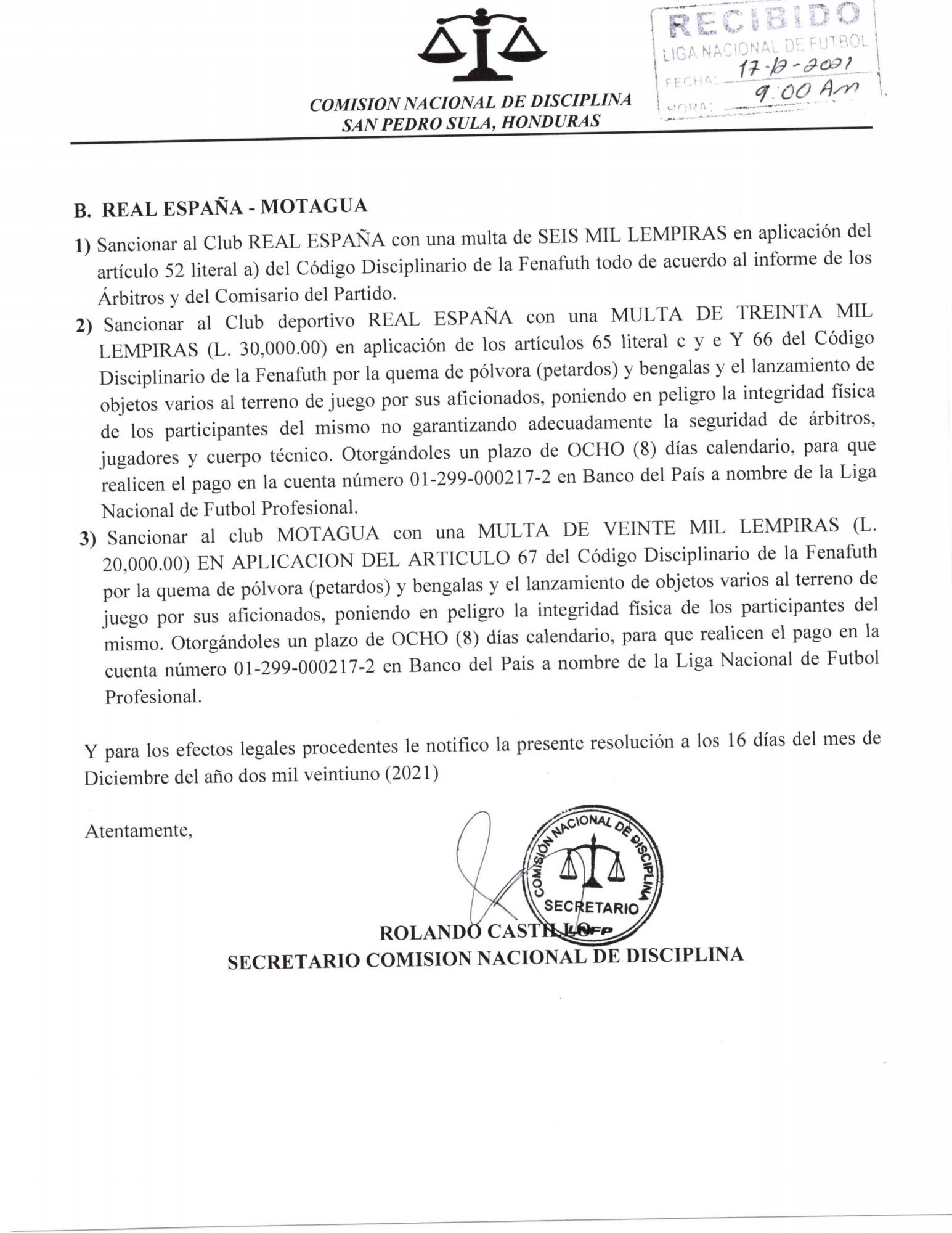 Comisión de Disciplina aplica fuertes multas a los clubes semifinalistas y perdona al jugador Mayron Flores por escupitajo