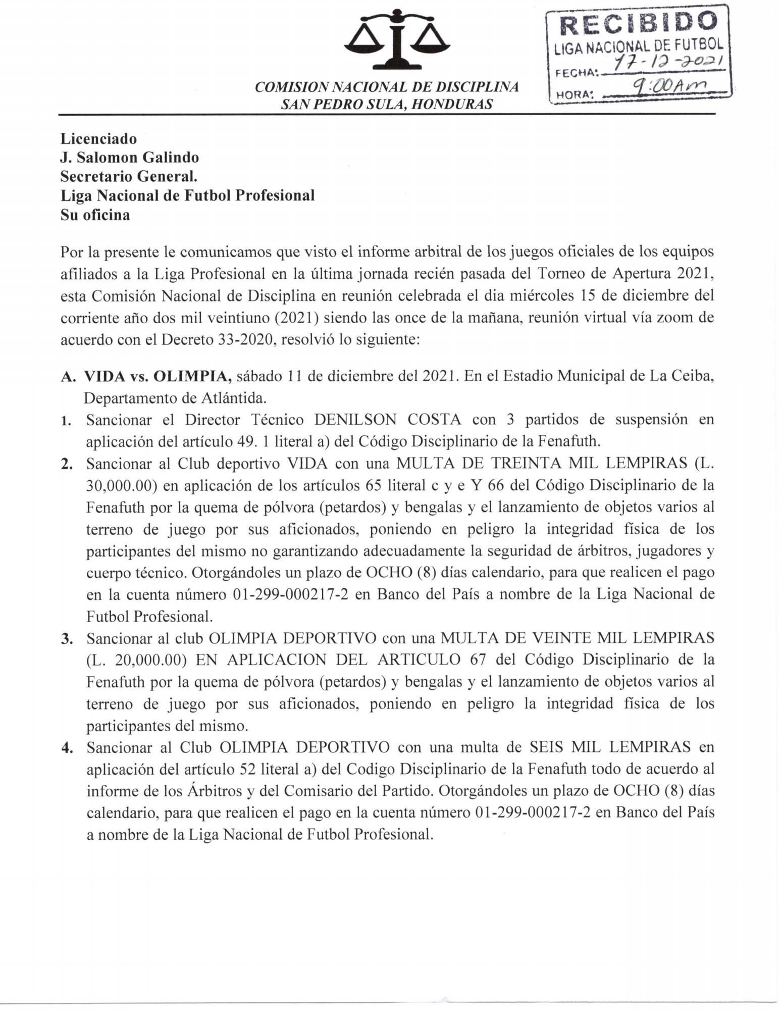 Comisión de Disciplina aplica fuertes multas a los clubes semifinalistas y perdona al jugador Mayron Flores por escupitajo