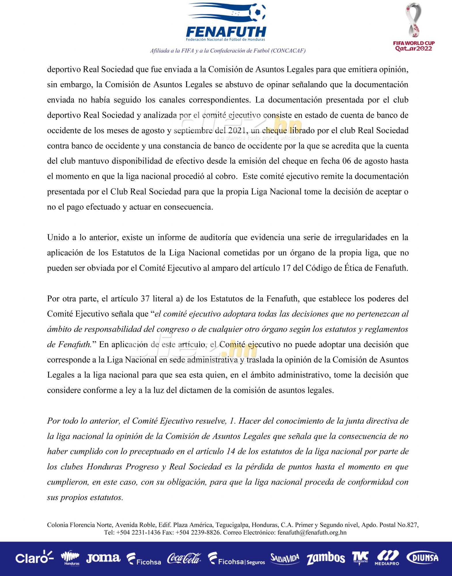 Se filtra resolución de Fenafuth: Comisión de Asuntos Legales concluye que procede pérdida de puntos para Real Sociedad y Honduras Progreso