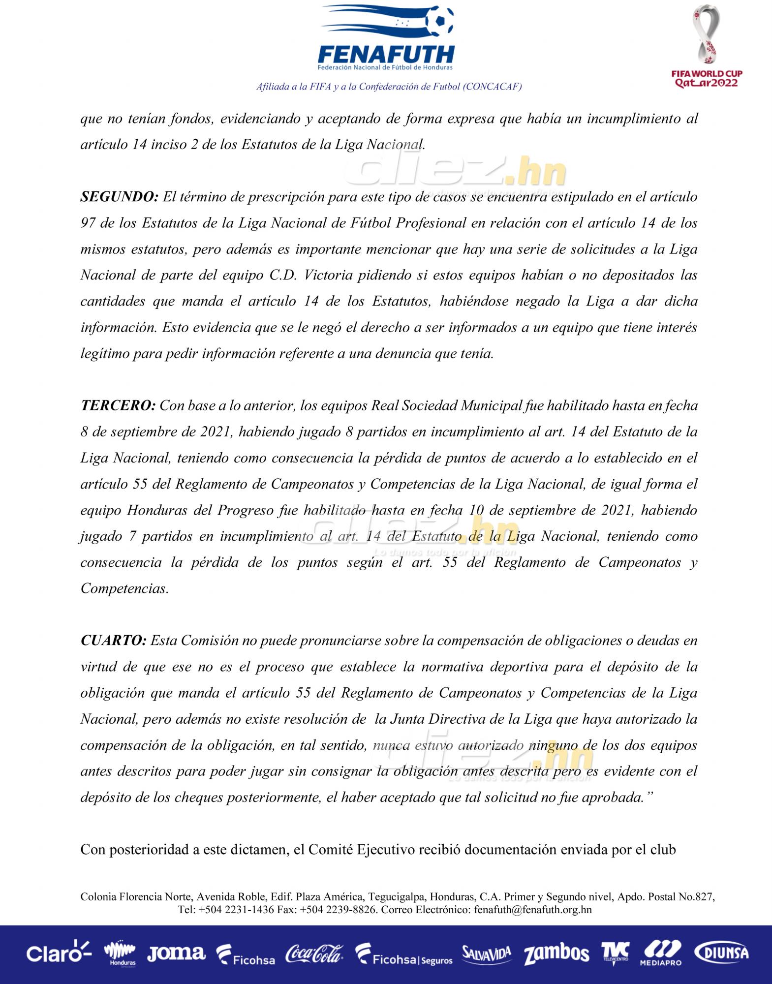 Se filtra resolución de Fenafuth: Comisión de Asuntos Legales concluye que procede pérdida de puntos para Real Sociedad y Honduras Progreso