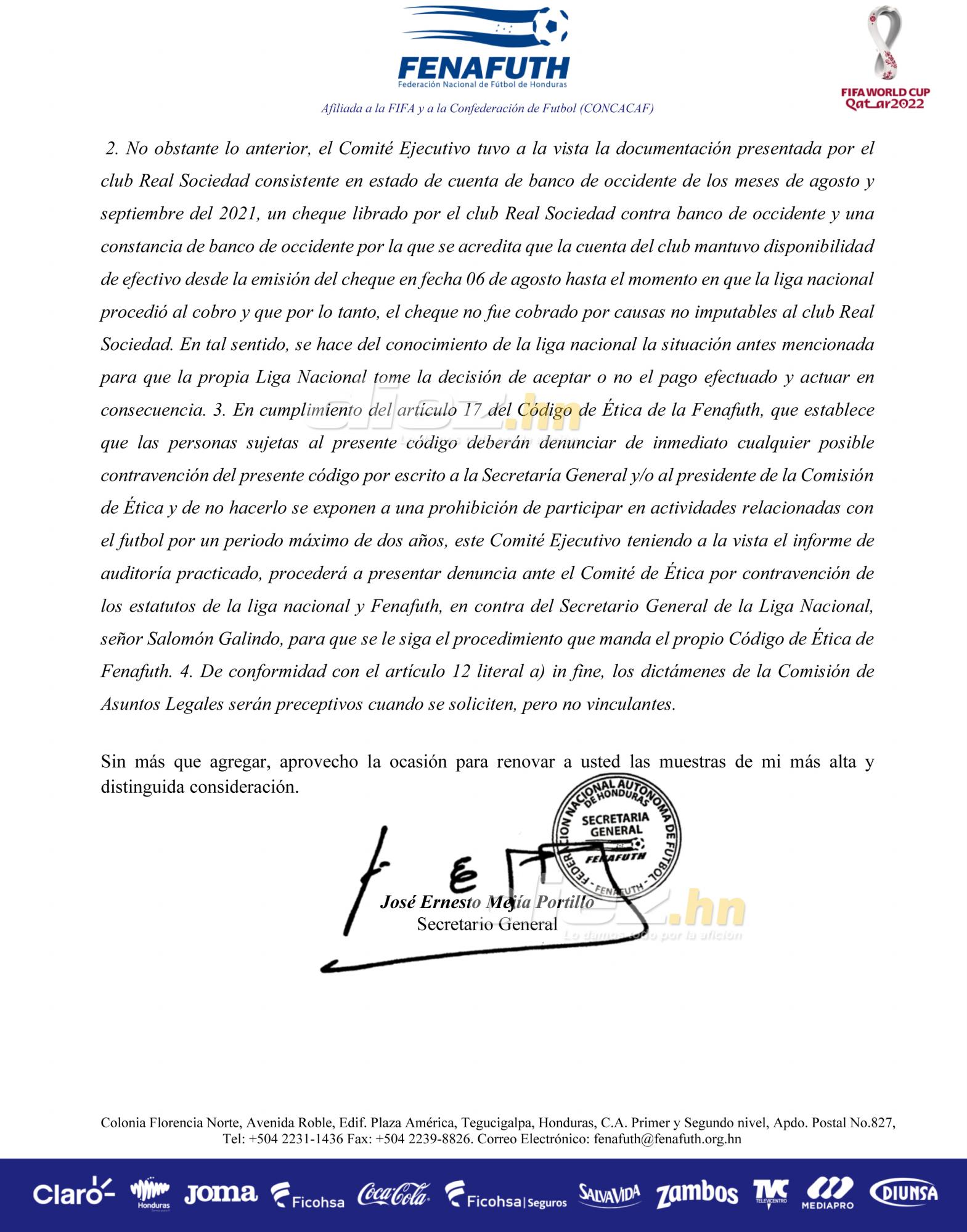 Se filtra resolución de Fenafuth: Comisión de Asuntos Legales concluye que procede pérdida de puntos para Real Sociedad y Honduras Progreso