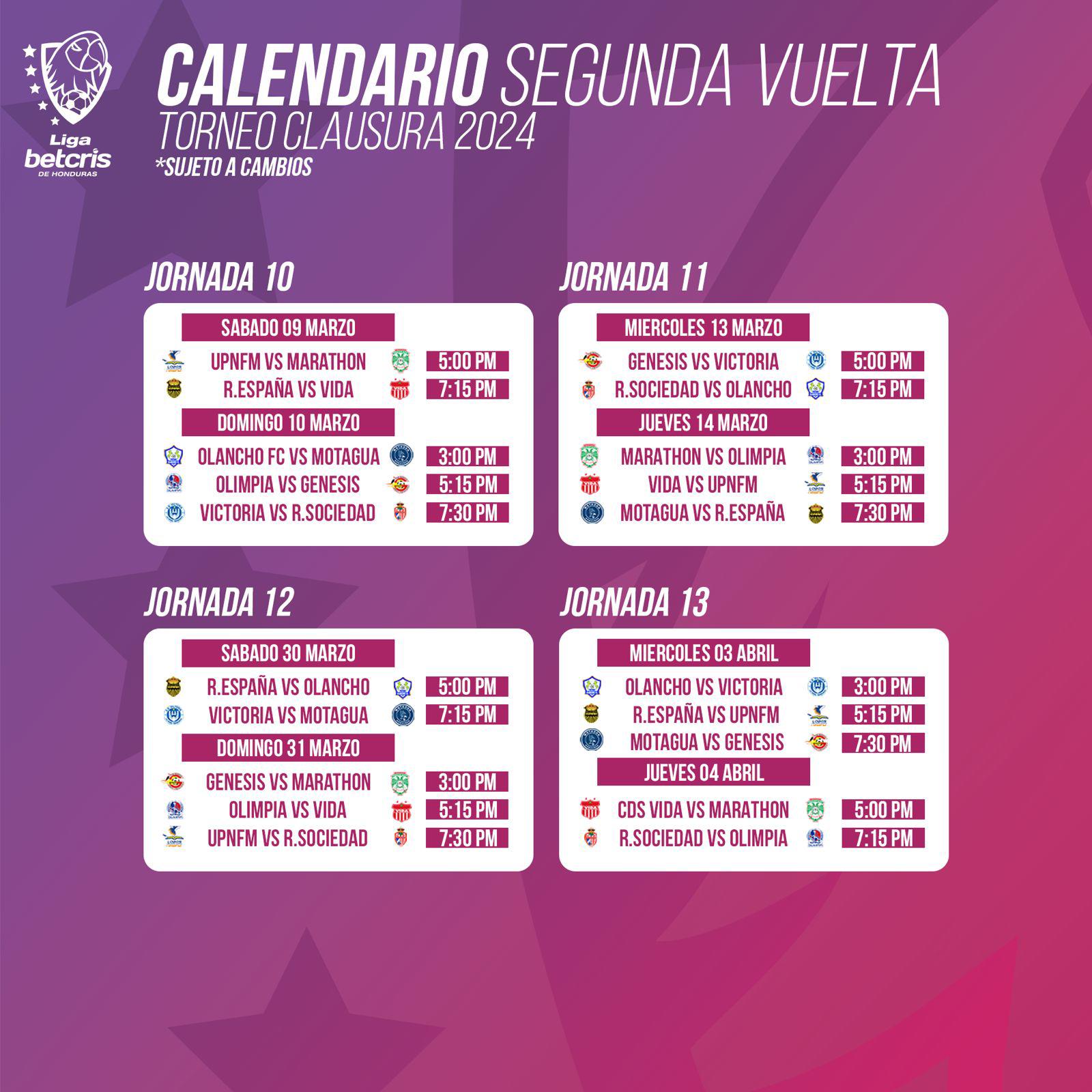 La segunda vuelta de la Liga Nacional inicia el sábado 9 de marzo.