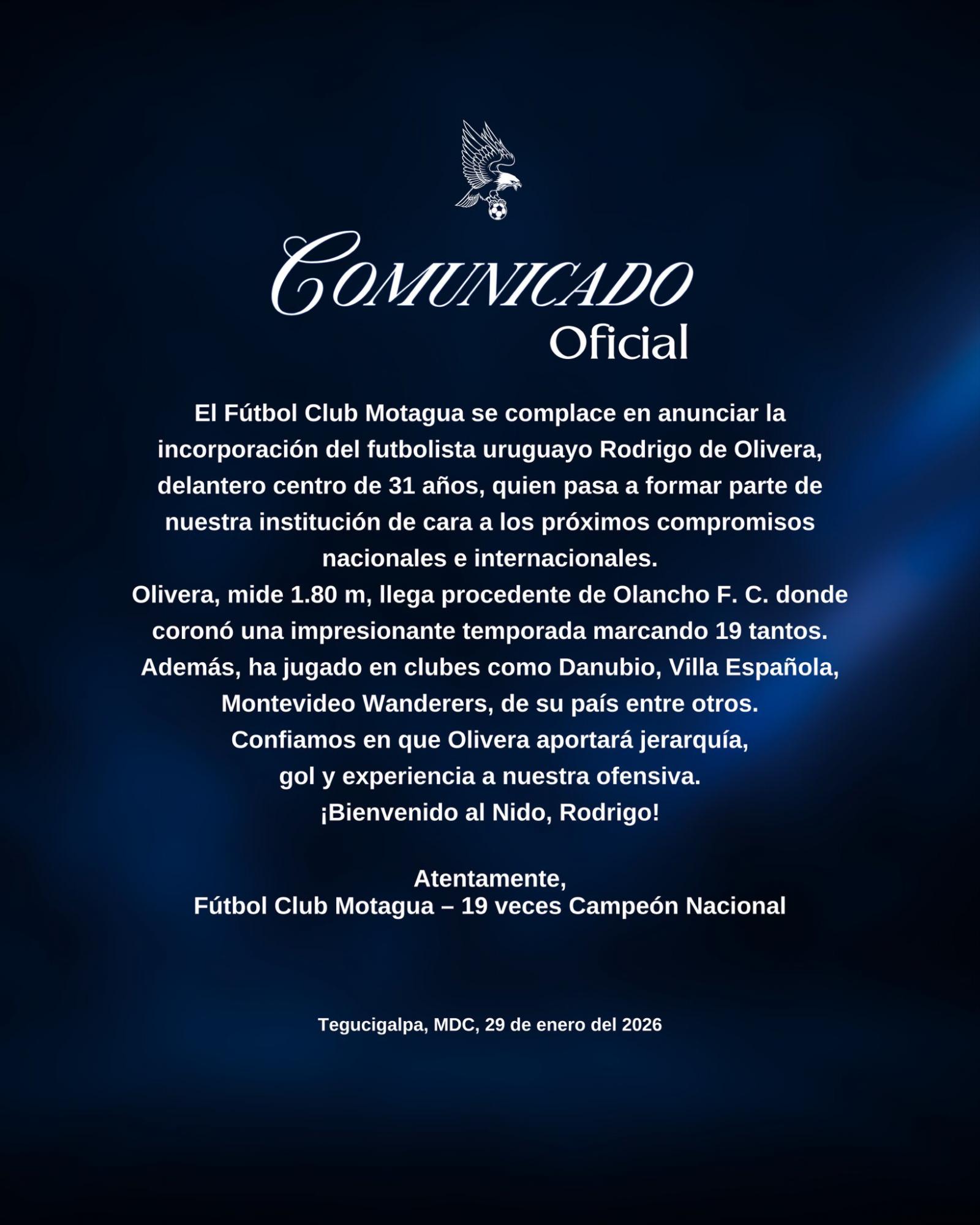 El comunicado del FC Motagua sobre el fichaje de Rodrigo de Olivera.