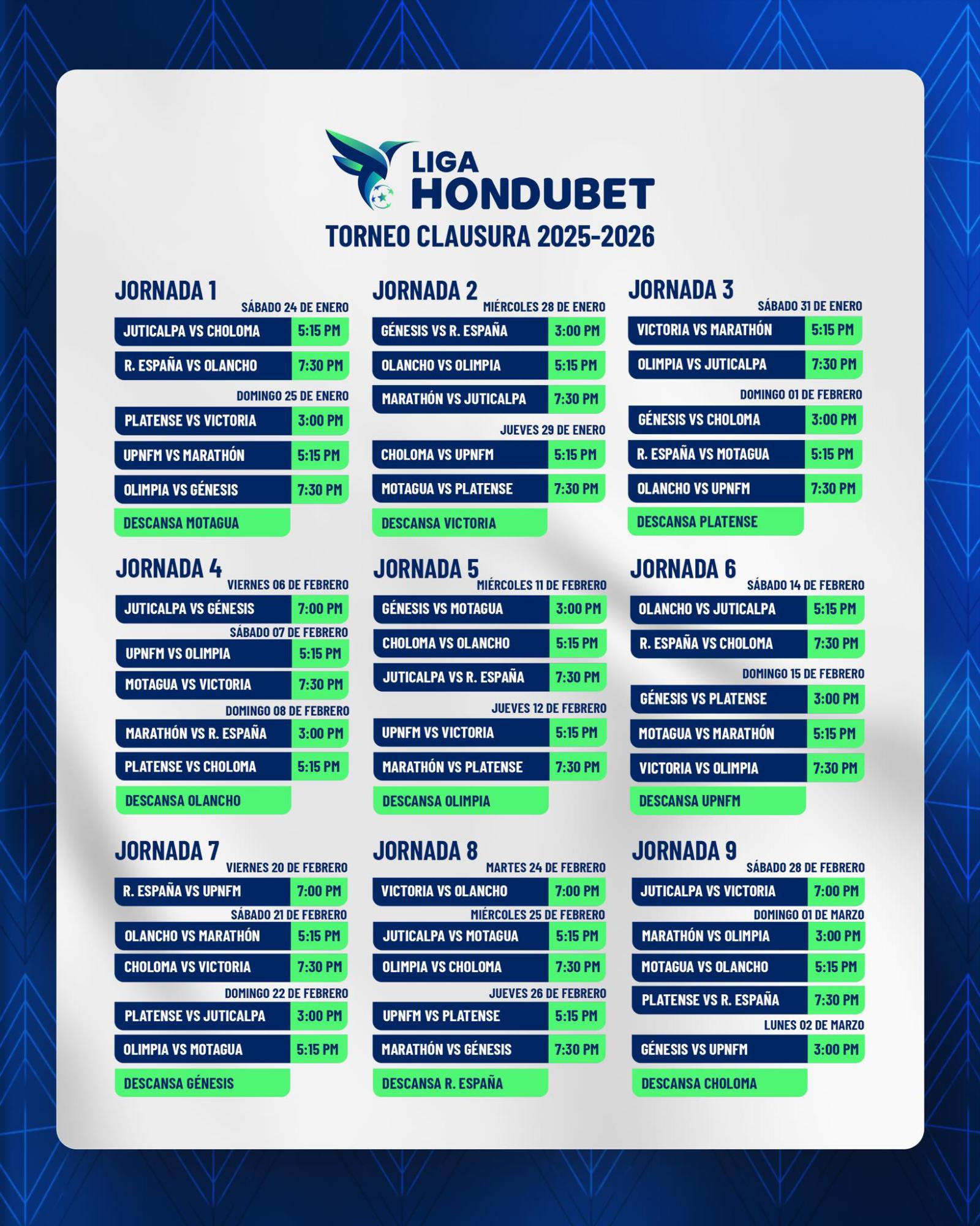 OFICIAL. Así se jugaría las primeras nueve fechas del torneo Clausura de la Liga Nacional.