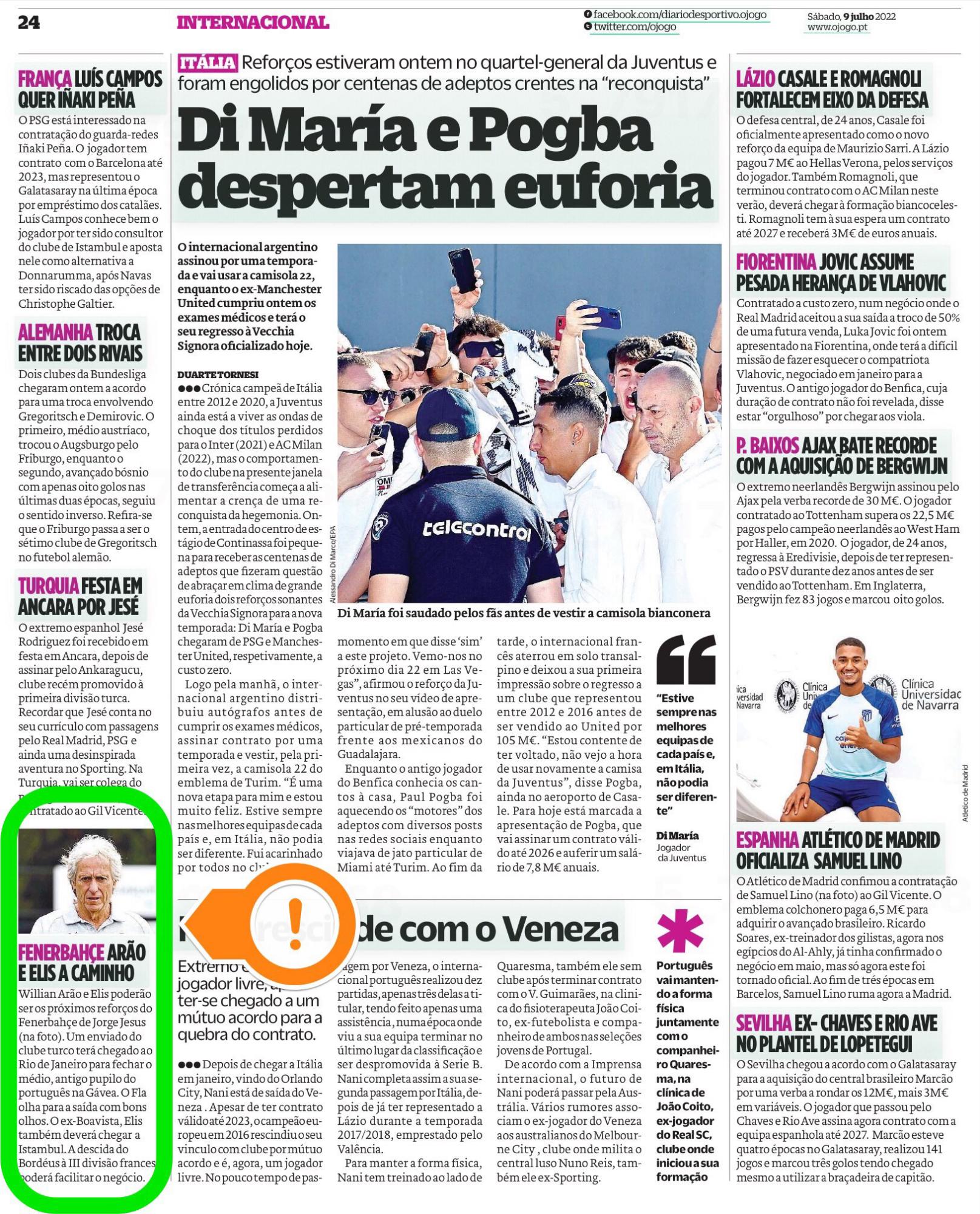 Así detalló en su edición impresa el diario O Jogo la noticia sobre Elis al Fenerbahce.