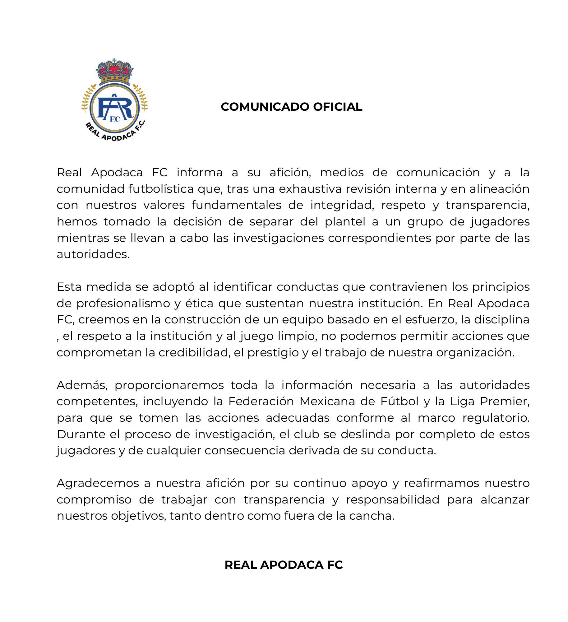 Comunicado del Real Apodaca confirmando la salida de los jugadores involucrados en el escándalo.