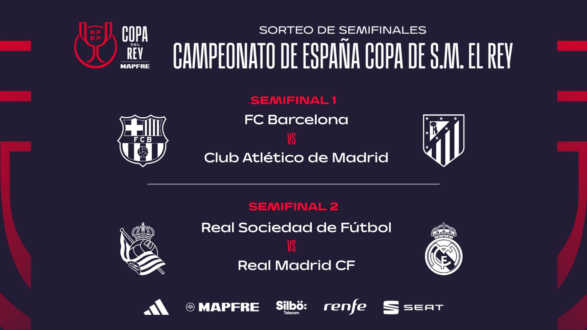 Barcelona contra Atlético y Real Sociedad frente al Real Madrid en las semifinales de la Copa del Rey.