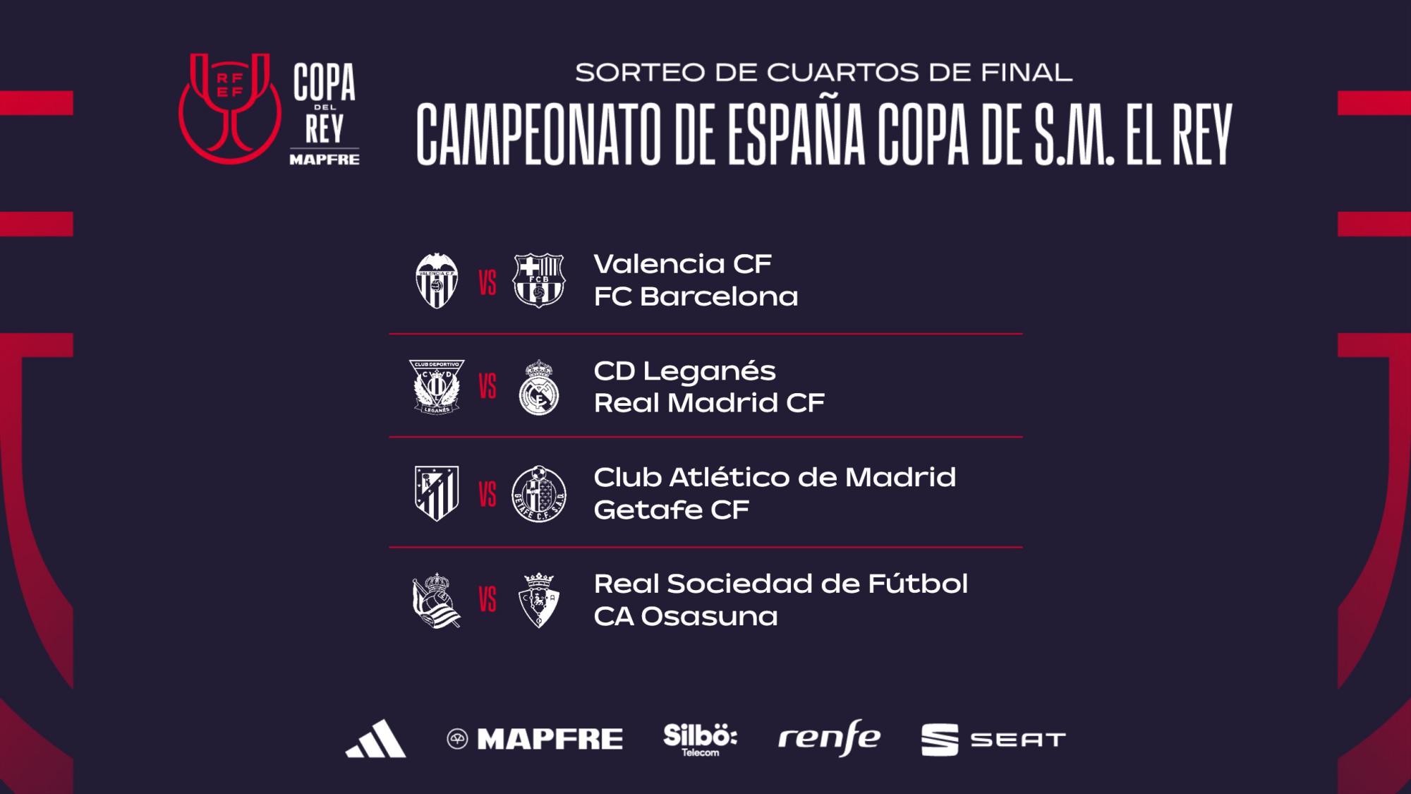Barcelona y Real Madrid visitarán en Copa del Rey al Valencia y Leganés, respectivamente.