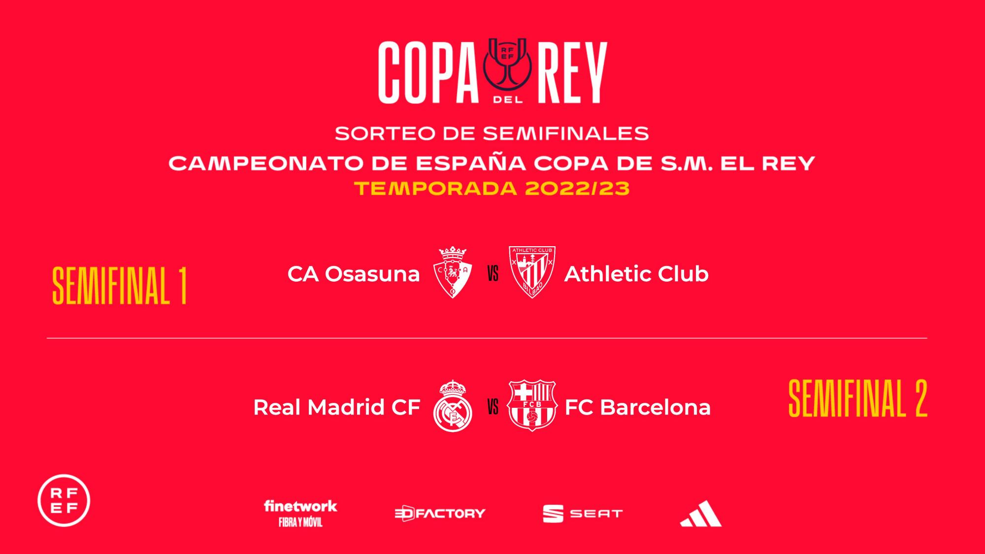 Osasuna ante el Athletic Club y Real Madrid contra el Barcelona en las semifinales de la Copa del Rey.
