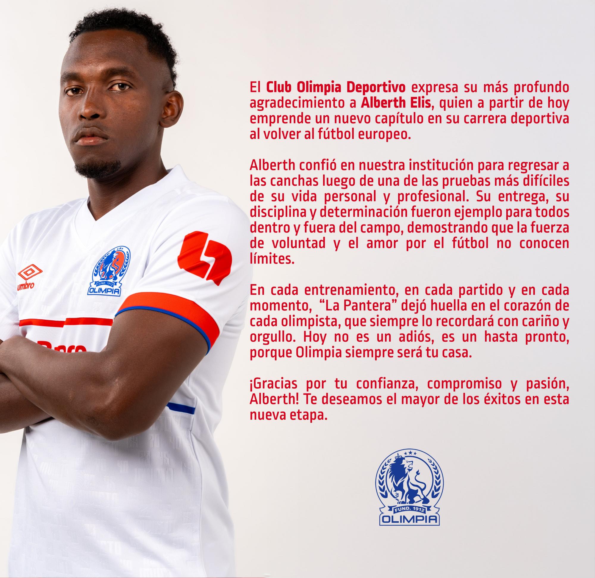 Olimpia oficializa la baja de Alberth Elis con emotiva carta de despedida: La Pantera dejó...