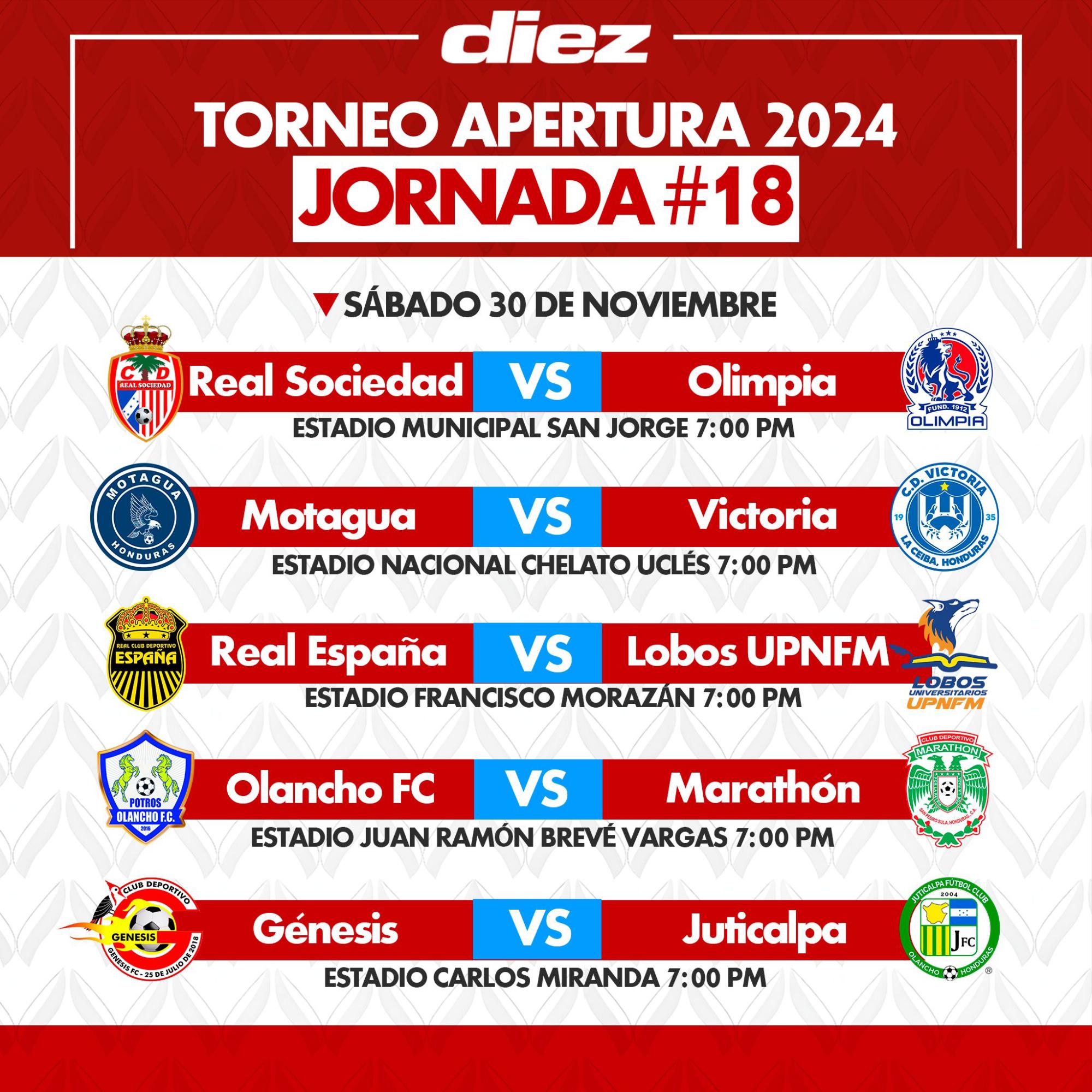 Los partidos de la jornada 18 del torneo Apertura de la Liga Nacional de Honduras.