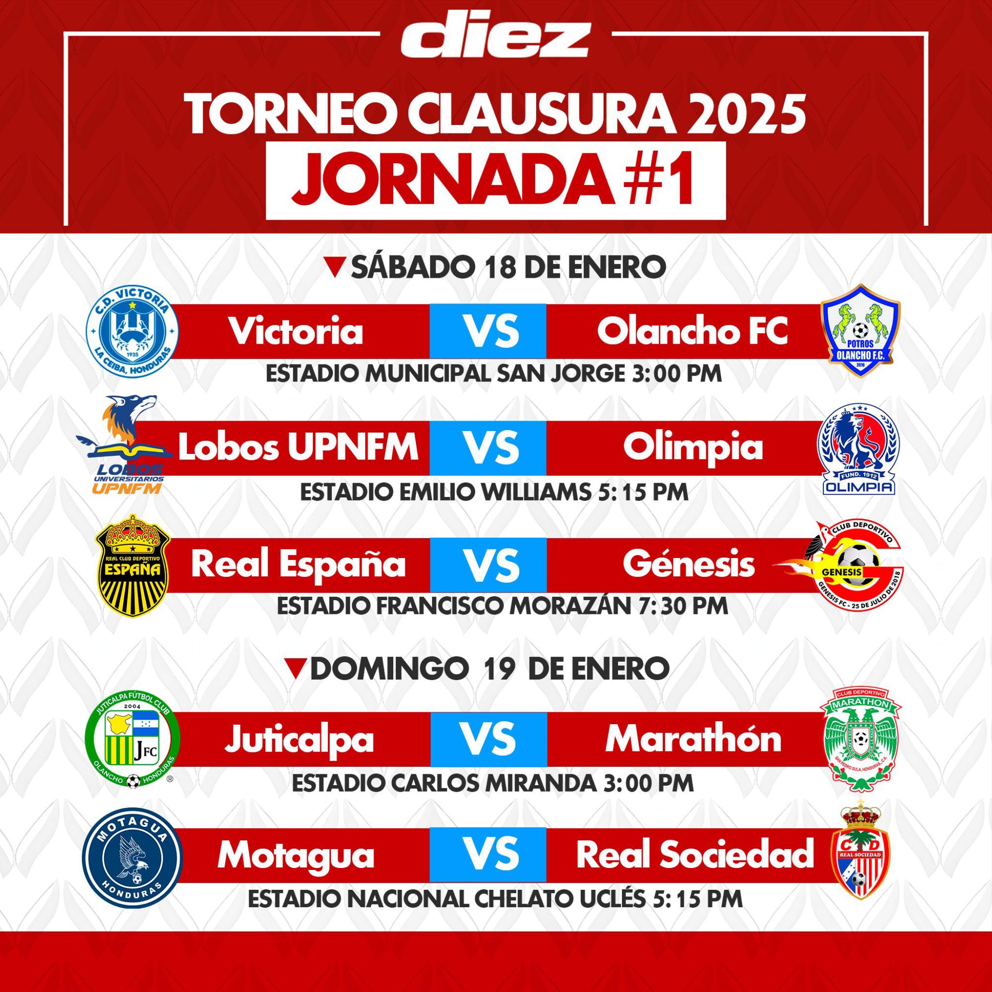 La jornada 1 del torneo Clausura 2025 se va a jugar entre el sábado 18 y domingo 19 de enero.