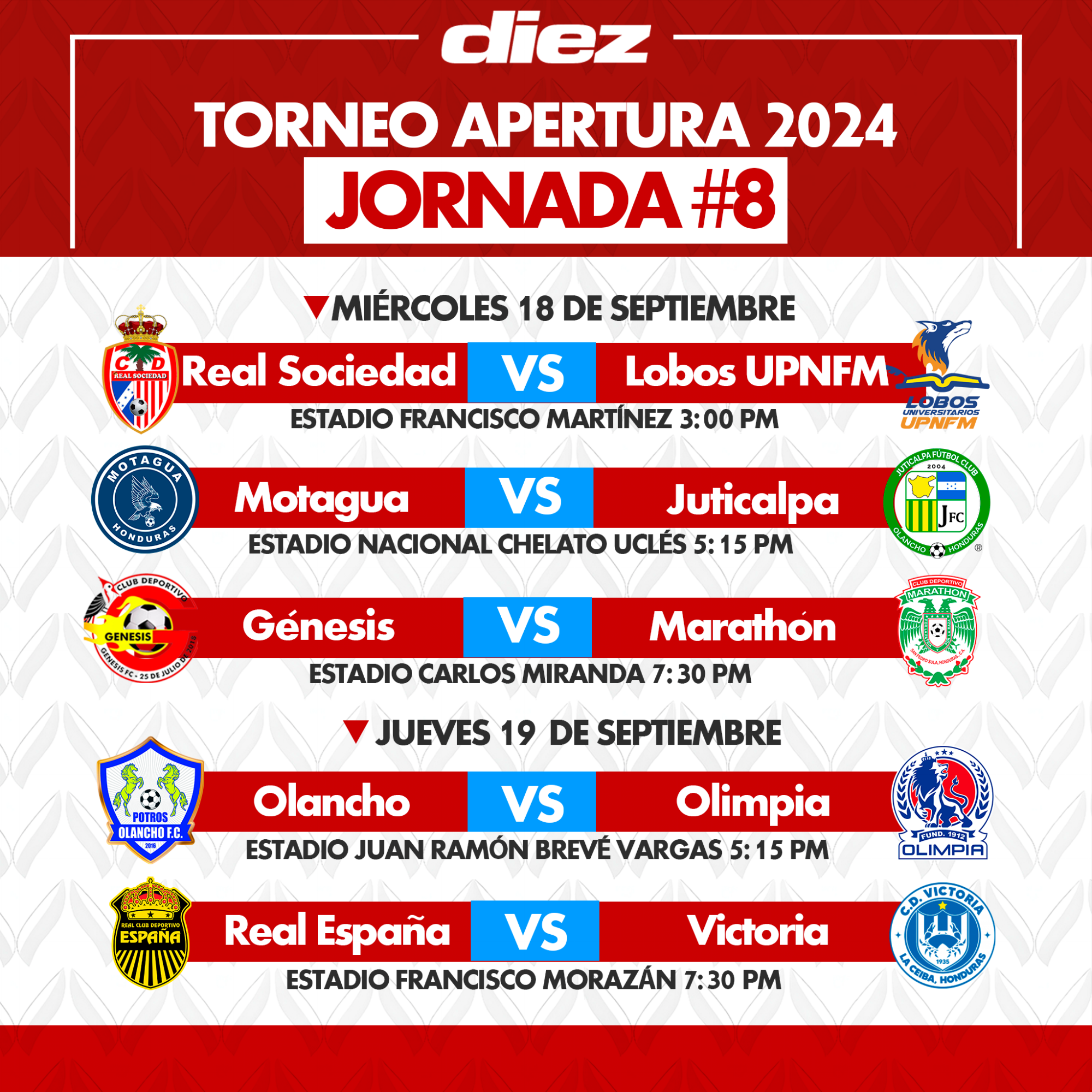 Así se jugará la jornada ocho del torneo Apertura 2024 de la Liga Nacional de Honduras.