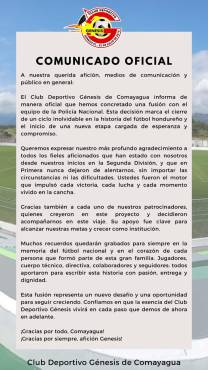 Comunicado oficial del Génesis FC sobre la fusión con el equipo de la Policía Nacional.