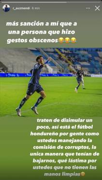 Mensaje de Rodrigo Auzmendi arremetiendo contra la Comisión de Disciplina de Honduras.