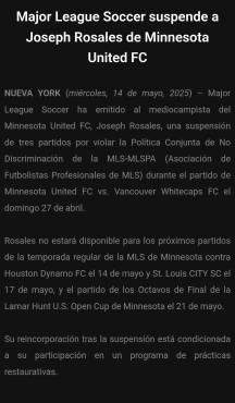 Comunicado de la suspensión de Joseph Rosales por 3 partidos.