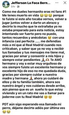 Jefferson ‘La Foca’ Bernárdez deja desgarrador mensaje tras la pérdida de su hermano: “Me tenés muerto en vida”