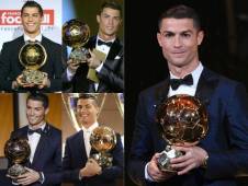 (COMBO) This combination of pictures created on December 7, 2017 shows file photos (L to R, top to bottom) of Portuguese winger Cristiano Ronaldo holding his four trophies after receiving the European footballer of the year award, the 'Ballon d'Or' (Golden ball), in 2008, 2013, 2015 and 2016 and 2107 (R). Portuguese star Cristiano Ronaldo won a record-equalling fifth Ballon d'Or (2008, 2013, 2015, 2016 and 2017) award for the year's best player on December 7. The Real Madrid forward's second successive win draws him level alongside Barcelona rival Lionel Messi on five Ballon d'Ors, after beating the Argentinian and Brazilian Neymar. / AFP PHOTO / AFP PHOTO AND L'EQUIPE / RESTRICTED TO EDITORIAL USE - MANDATORY CREDIT 'AFP PHOTO / LEQUIPE'- NO MARKETING NO ADVERTISING CAMPAIGNS - DISTRIBUTED AS A SERVICE TO CLIENTS