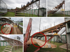 Ante el posible llenazo que podría tener el Estadio Carlos Miranda, encargados de logística del FC Motagua decidieron improvisar con una gradería en una de las cabeceras del recinto. FOTOS: David Romero.