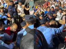 Momentos de la pelea entre aficionados donde la Policía Nacional llegó a detener todo.