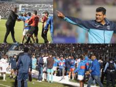 En los minutos finales por poco se fueron a los golpes las plantillas de los finalistas de la Liga Nacional de Honduras. Fotos Mauricio Ayala, David Romero y Estalin Irías.