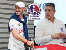 Eduardo Espinel y Rafael Villeda, presidente del Olimpia, sostuvieron la reunión el lunes por la noche. Fotos Olimpia y Diez.