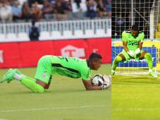 Luis Ortiz en el arco verdolaga durante el partido frente a Motagua por la fecha 6 del torneo Apertura de la Liga Nacional de Honduras.