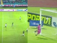 Momento del remate de Alexy Vega con destino a gol en el duelo Marathón vs Platense. Foto captura.