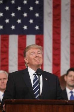 US President Donald J. Trump delivers his first address to a joint session of Congress from the floor of the House of Representatives in Washington, DC, USA, 28 February 2017. / AFP PHOTO / EPA POOL / JIM LO SCALZO