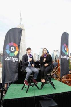 NEW YORK, NY - APRIL 23: Retired soccer player Raul Gonzalez (L) speaks during a roofop viewing party of El Clasico - Real Madrid CF vs FC Barcelona hosted by LaLiga at 230 Fifth Avenue on April 23, 2017 in New York City. Brian Ach/Getty Images for LaLiga/AFP
