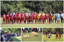 Hasta los cerditos ingresaron al campo en un ambiente lleno de algarabía entre los residentes que disfrutaron la presencia de un equipo de primera división.
