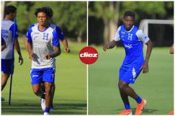 Cristian Sacaza (Honduras Progreso) y Wesly Decas (Motagua) durante el entrenamiento de la Selección de Honduras en San Pedro Sula.