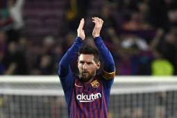 Barcelona's Argentinian forward Lionel Messi celebrates at the end of the UEFA Champions League semi-final first leg football match between Barcelona and Liverpool at the Camp Nou Stadium in Barcelona on May 1, 2019. (Photo by LLUIS GENE / AFP)