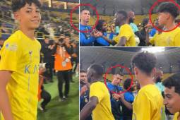 Cristiano Jr. evitó saludar a su padre cuando formaron una fila para ser felicitados por el primer plantel del Al Nassr.