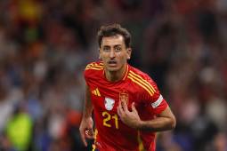 Spain's midfielder #21 Mikel Oyarzabal celebrates scoring his team's second goal during the UEFA Euro 2024 final football match between Spain and England at the Olympiastadion in Berlin on July 14, 2024. (Photo by Adrian DENNIS / AFP)