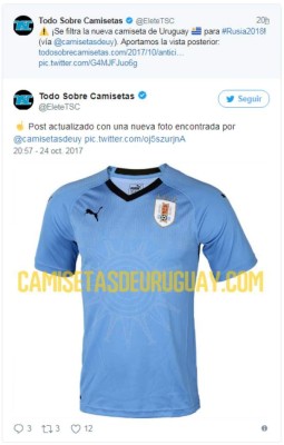 ¡BELLEZA! Se filtra la camiseta de la Selección de Uruguay para Rusia 2018